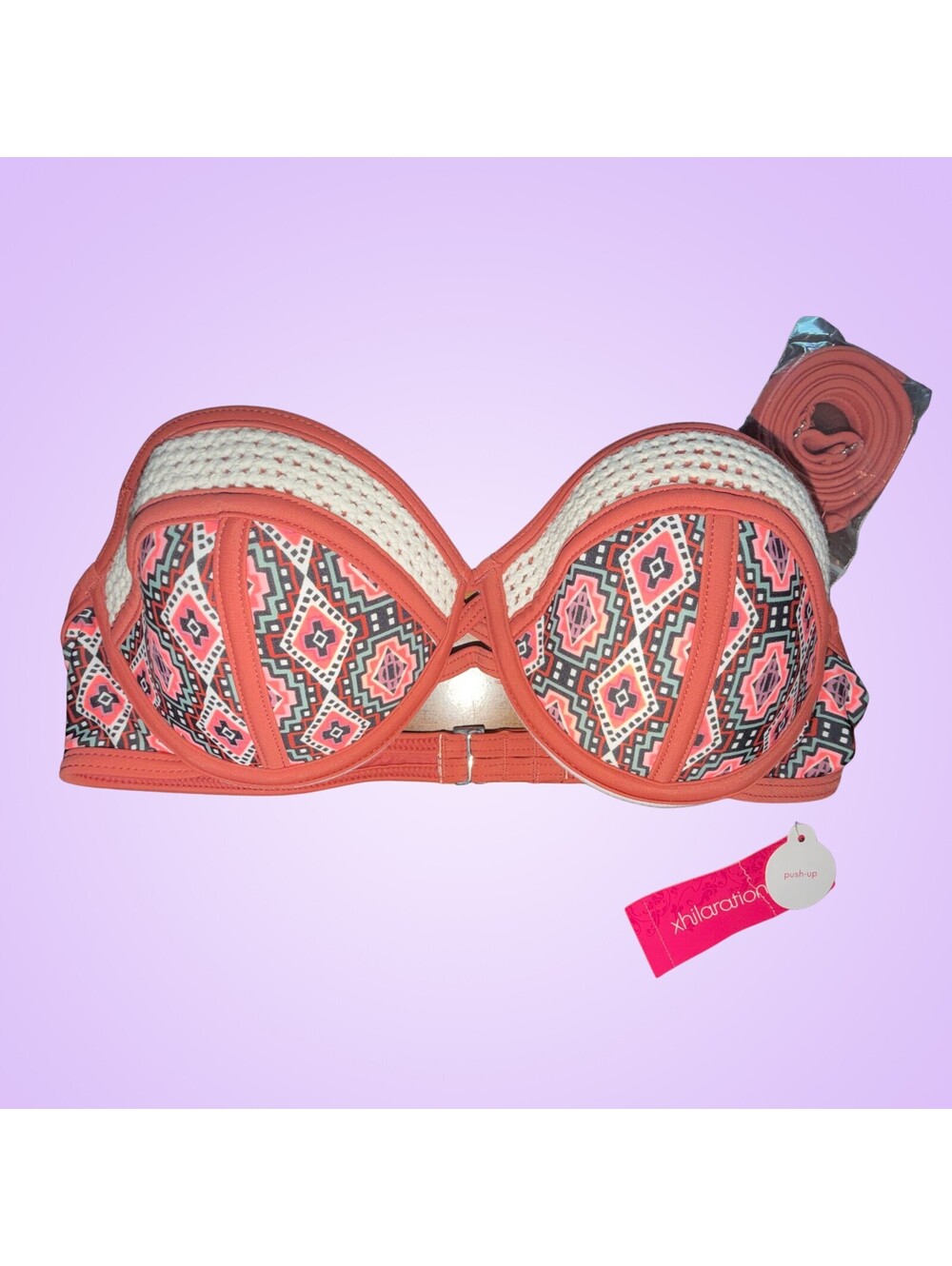 Xhilaration Womens Medium Push Up Bikini Top Coral Geometric Crochet NWT